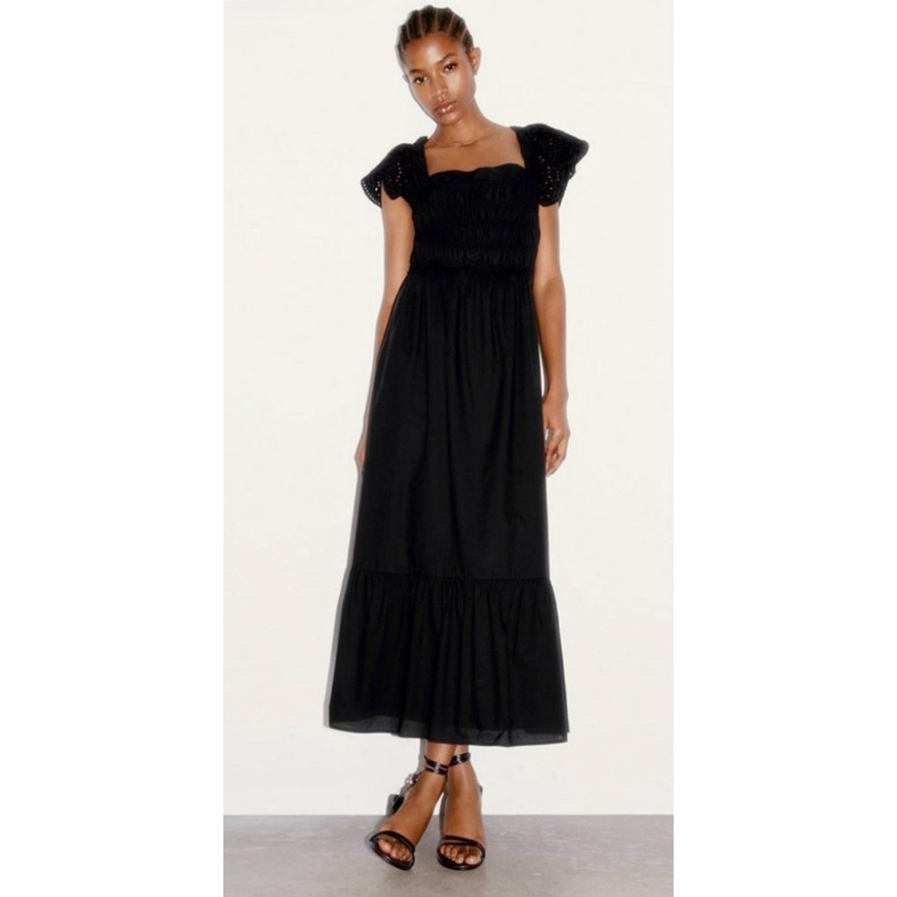 Zara Black Eyelet Sleeve Openwork Embroidery Back Maxi Dress Women’s Size Small